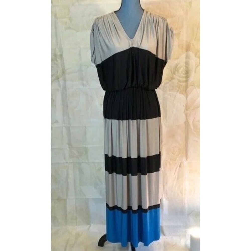 The Limited Maxi Dress Blouson Cap Sleeve V-Neck Blue Gray Stripes Size XS